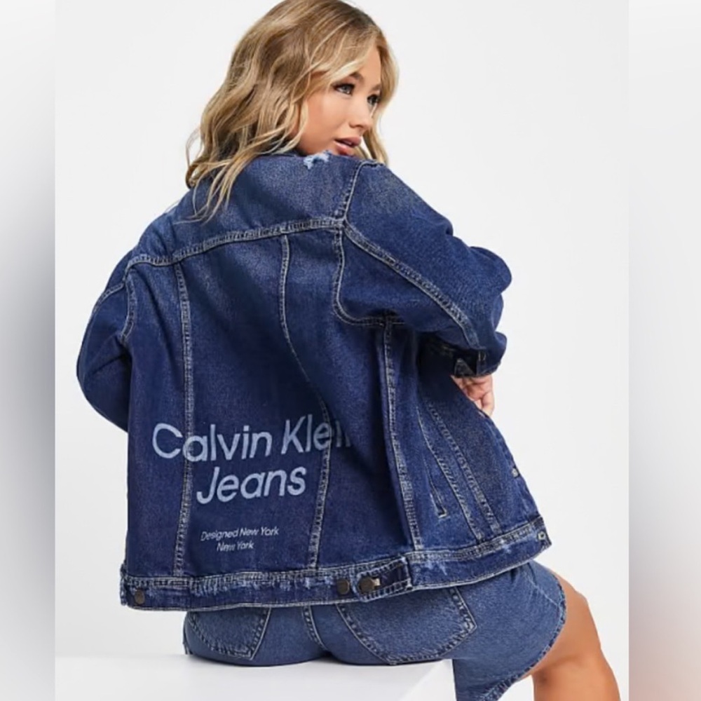 CALVIN KLEIN Oversized Women’s Trucker Denim Monogram Print Jacket Size XL